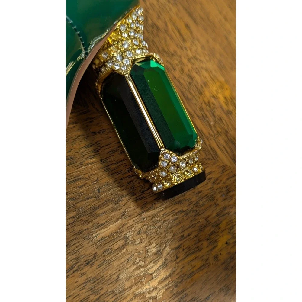 FSJ Green Patent Leather Faux Rhinestones Large Faux Emeralds Encrusted Heels 7 - Picture 10 of 11